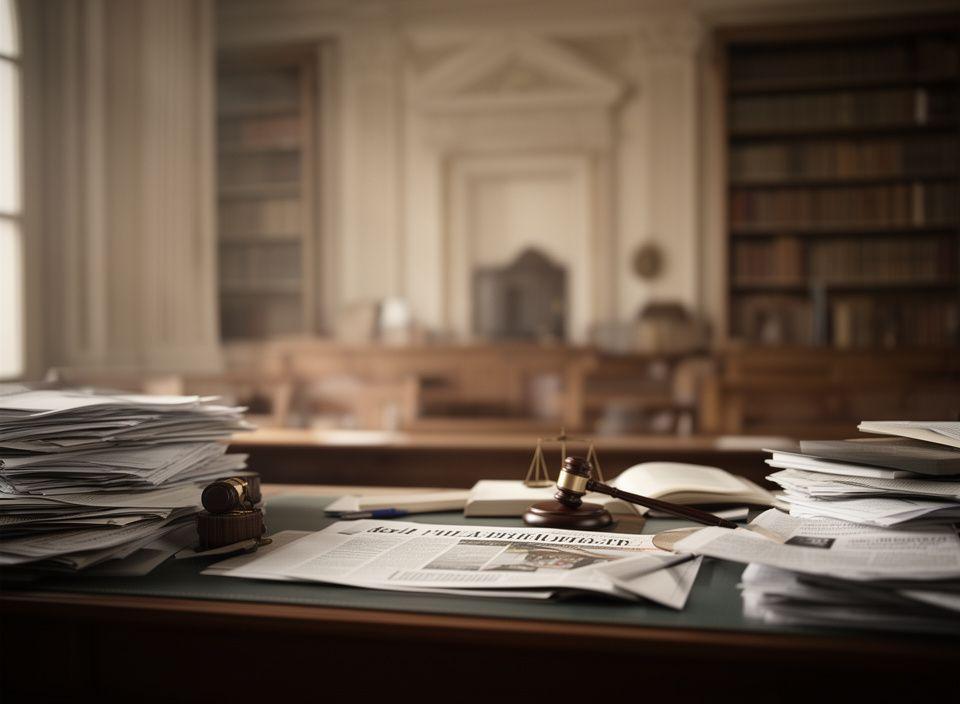 Courtroom library and editorial desk in Paris with annotated legal files and a calm reflective atmosphere