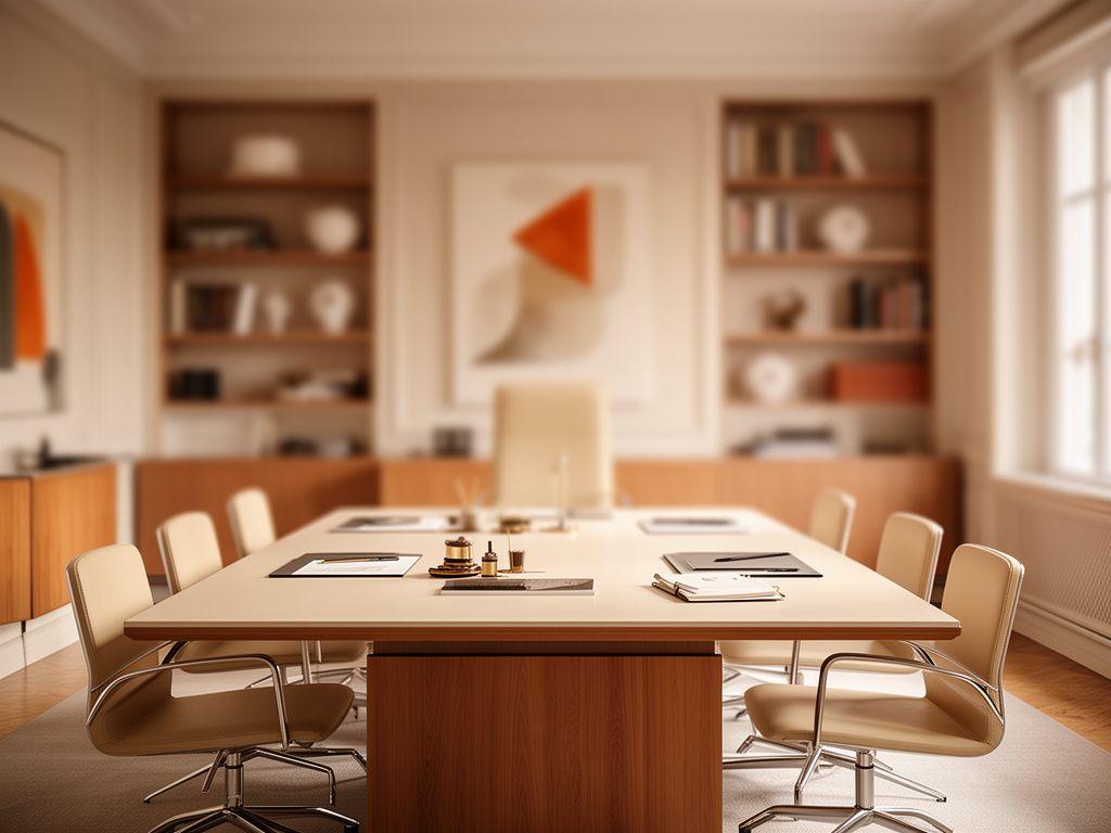 Elegant legal office in Paris with warm wood shelves, law books and a bright meeting table