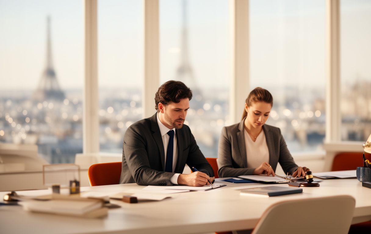 Legal professionals reviewing corporate documents in a bright Paris office with city light in the background