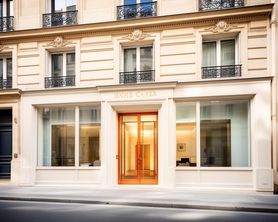 Façade élégante d'un cabinet juridique à Paris avec une entrée lumineuse et des détails architecturaux sobres