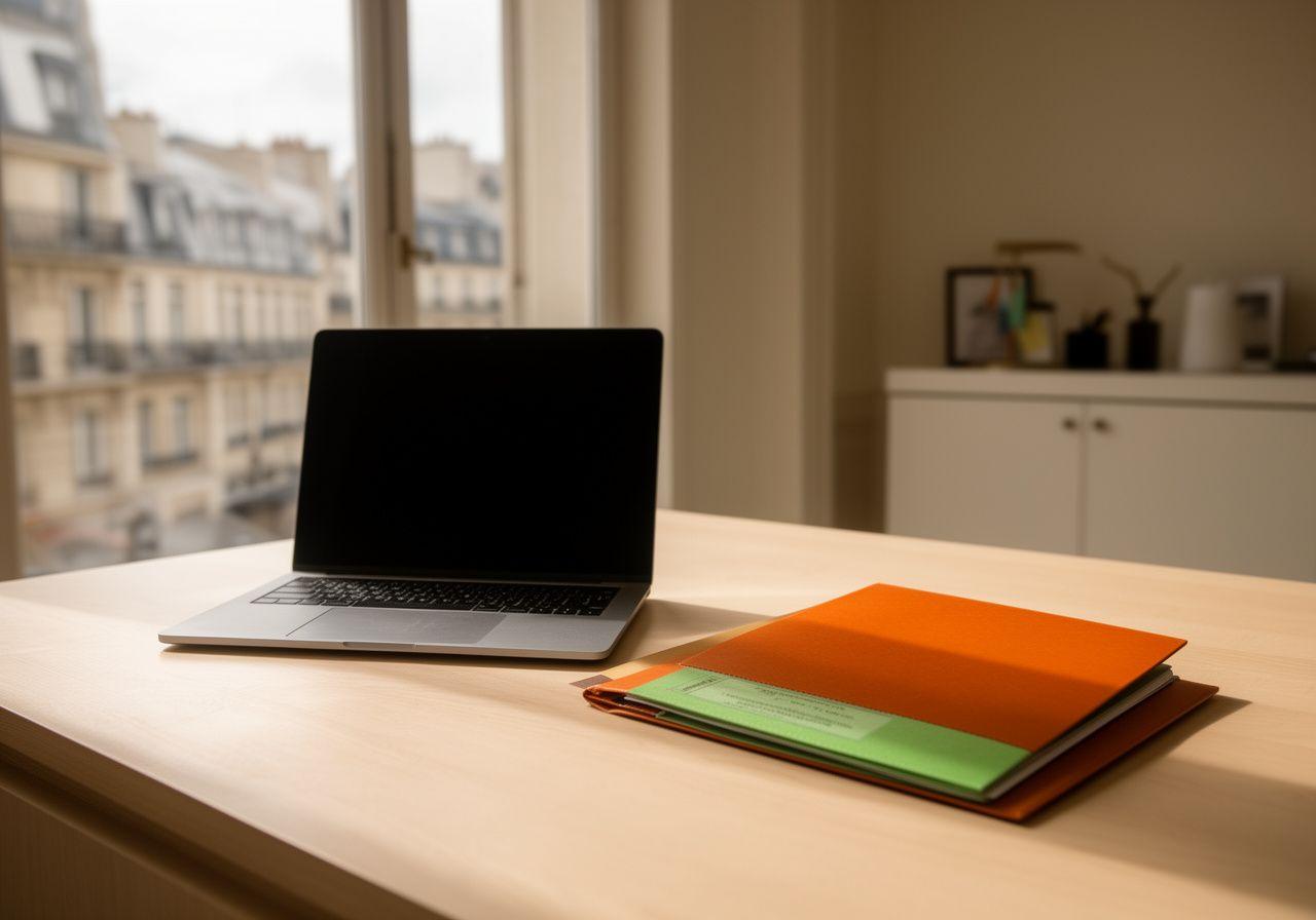 Dossier juridique posé sur un bureau en bois clair, dans un cabinet parisien calme, avec lumière naturelle et ordinateur ouvert
