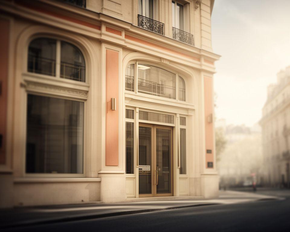 Façade élégante d'un cabinet juridique parisien avec lumière douce et ambiance confidentielle